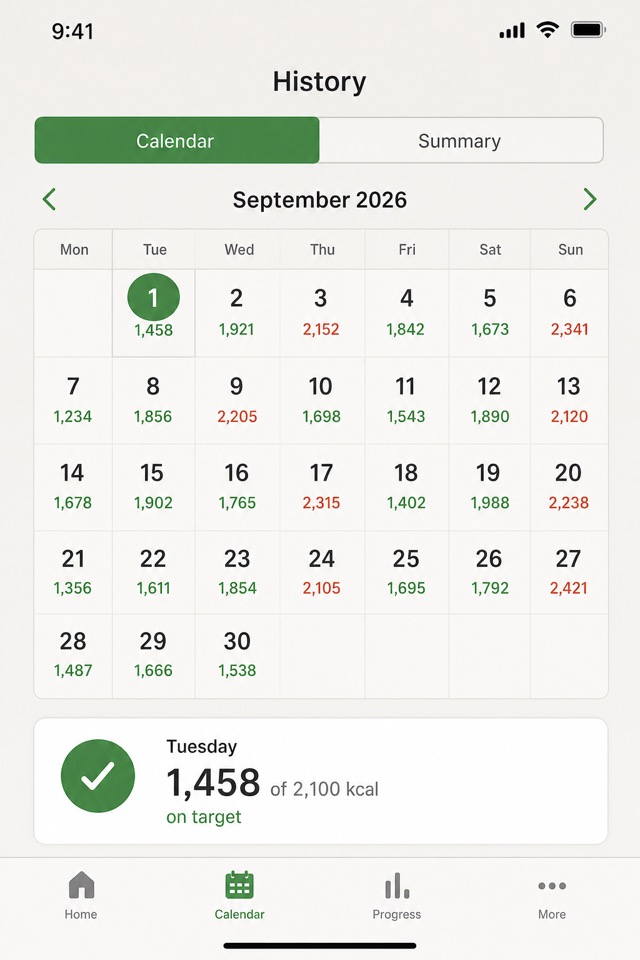 CALE history calendar with daily calorie totals colored green on target and red when over.