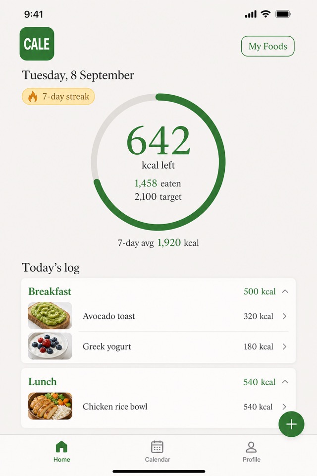 CALE home screen showing 642 kcal left, a 7-day streak, and today’s breakfast and lunch log.