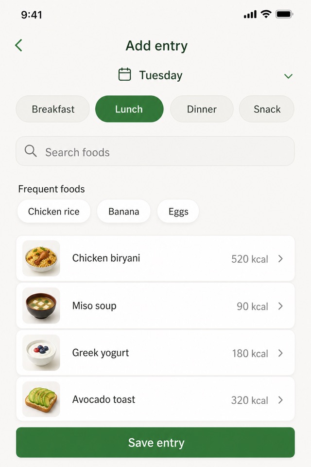 CALE meal logging screen with breakfast, lunch, dinner, and snack chips and a food search list.